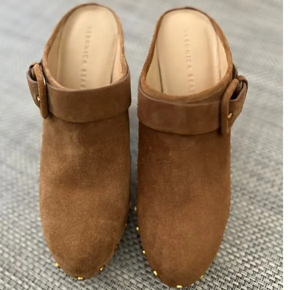 VERONICA BEARD NWOB Dacey Camel Pecan gold studded suede wood mule clogs sz 10