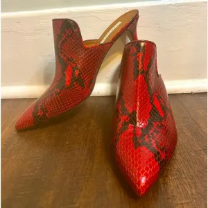 Veronica Beard Womens 8 Pearla Snake Embossed‎ Italian Leather Red Black Mules