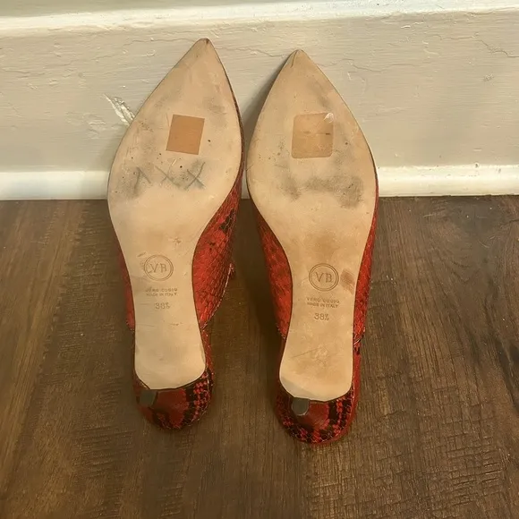 Veronica Beard Womens 8 Pearla Snake Embossed‎ Italian Leather Red Black Mules