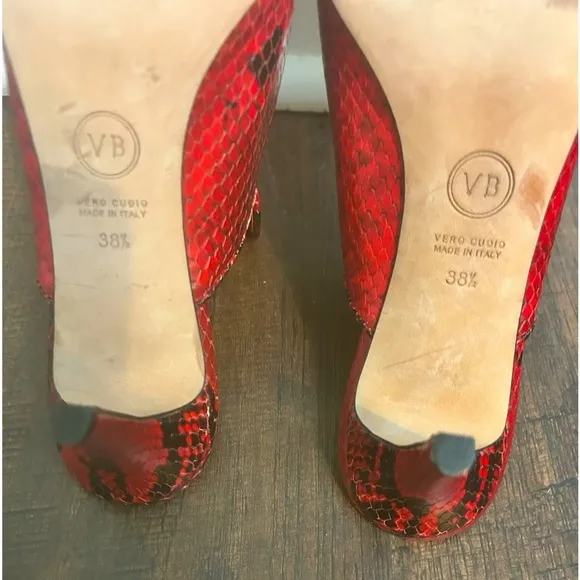 Veronica Beard Womens 8 Pearla Snake Embossed‎ Italian Leather Red Black Mules