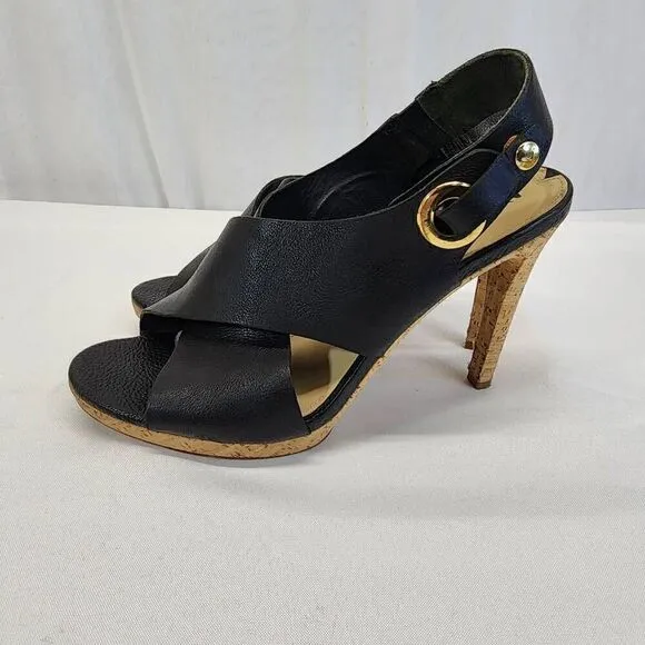 Via Spiga Onitta Cork Open Toe Leather Sandal Heels Slingback Black Size 8.5 I