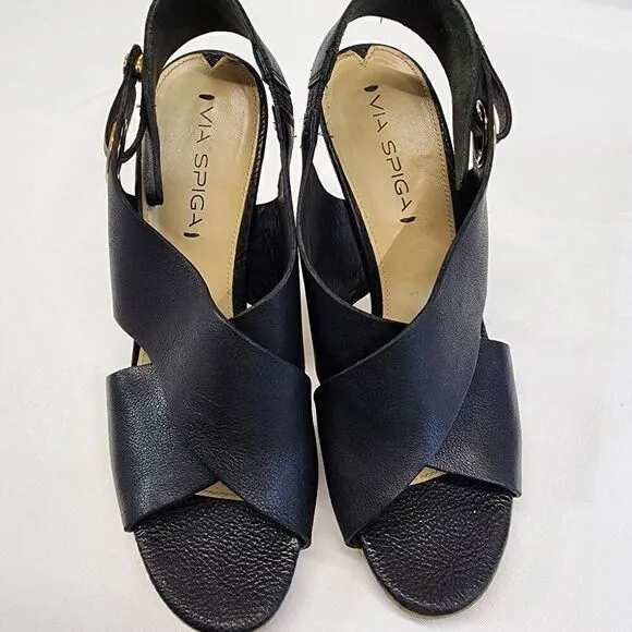 Via Spiga Onitta Cork Open Toe Leather Sandal Heels Slingback Black Size 8.5 I