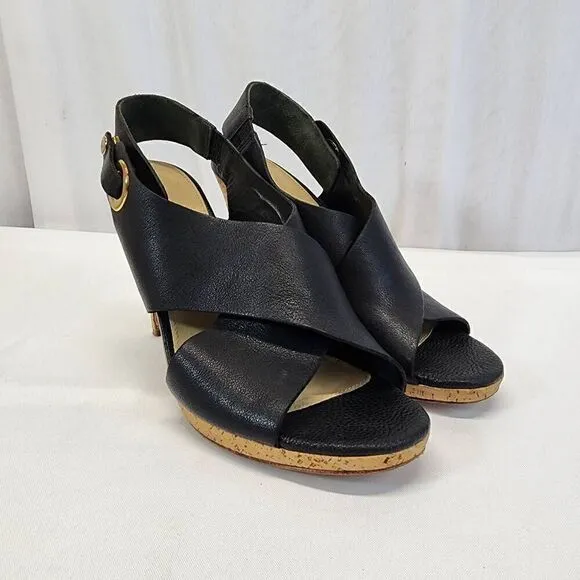 Via Spiga Onitta Cork Open Toe Leather Sandal Heels Slingback Black Size 8.5 I