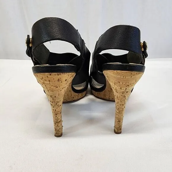 Via Spiga Onitta Cork Open Toe Leather Sandal Heels Slingback Black Size 8.5 I