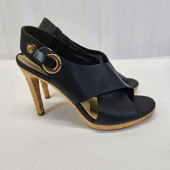 Via Spiga Onitta Cork Open Toe Leather Sandal Heels Slingback Black Size 8.5 I