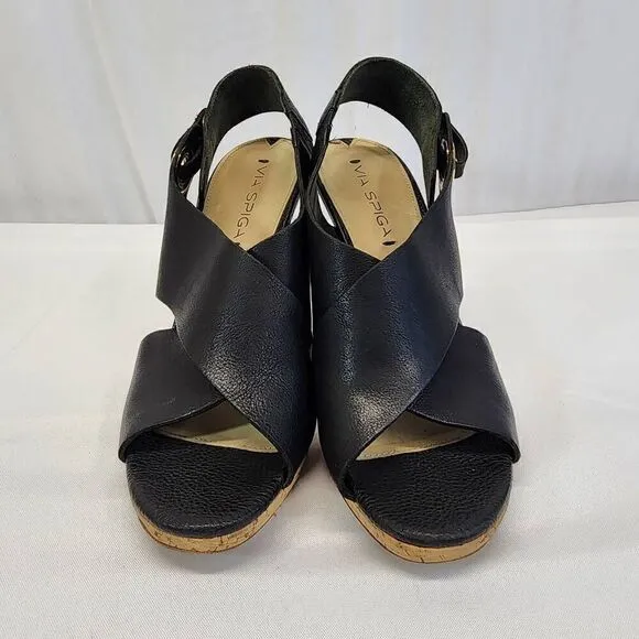 Via Spiga Onitta Cork Open Toe Leather Sandal Heels Slingback Black Size 8.5 I