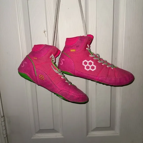 Vibrant Pink and Green High-Top Athletic Shoes
