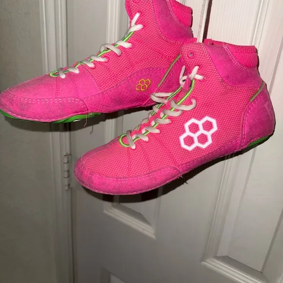Vibrant Pink and Green High-Top Athletic Shoes