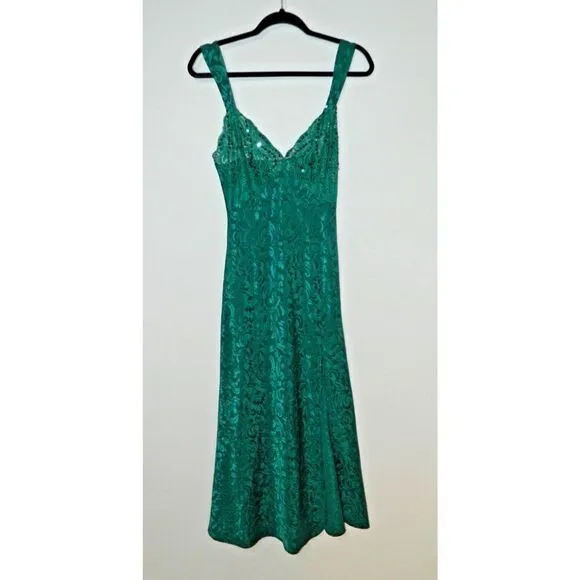 Victoria's Secret Nightgown Slip Dress Medium Vintage Gold  Green Satin Beaded