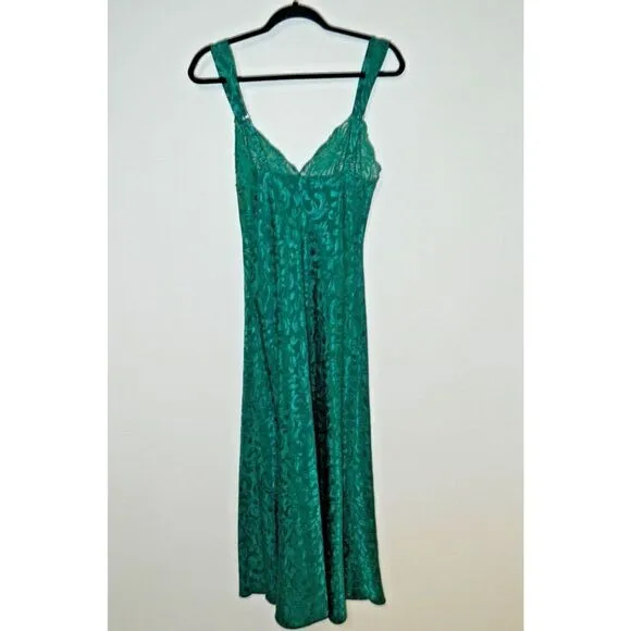 Victoria's Secret Nightgown Slip Dress Medium Vintage Gold  Green Satin Beaded