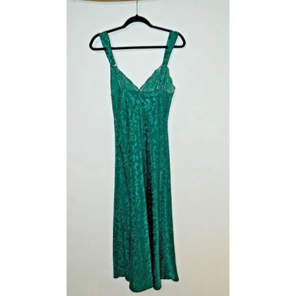 Victoria's Secret Nightgown Slip Dress Medium Vintage Gold  Green Satin Beaded