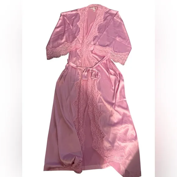 Victoria’s Secret pink long satin robe with tie lace detail like new slip