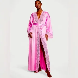Victoria’s Secret pink long satin robe with tie lace detail like new slip