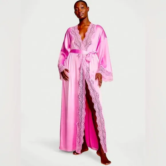 Victoria’s Secret pink long satin robe with tie lace detail like new slip