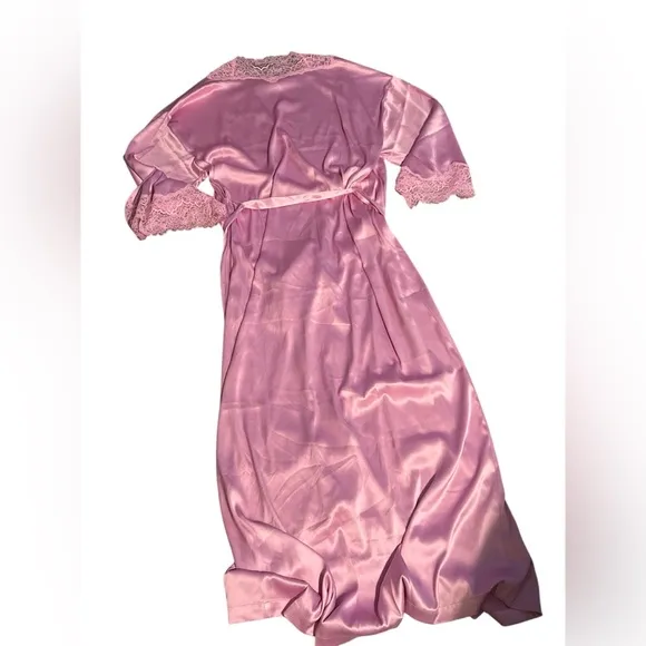 Victoria’s Secret pink long satin robe with tie lace detail like new slip