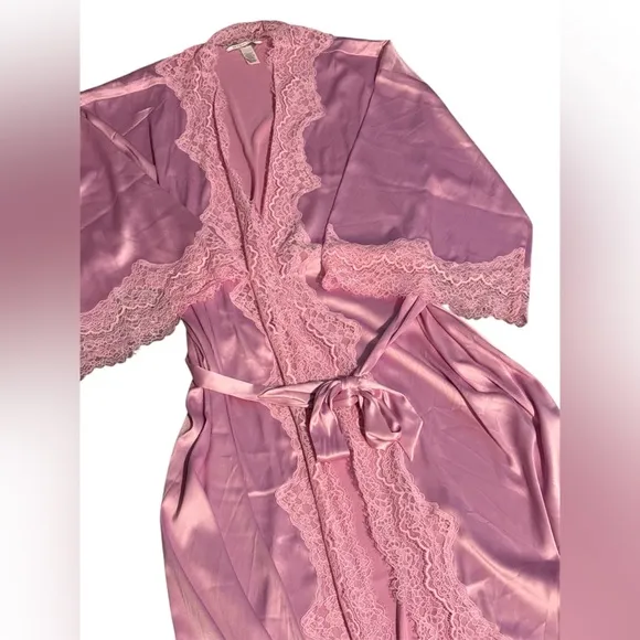 Victoria’s Secret pink long satin robe with tie lace detail like new slip