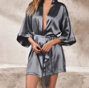 Victoria's Secret Satin Kimono Robe Grey Black Pearl Short Belt Pockets Tie XS S