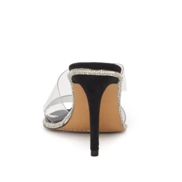 Vince Camuto Arensha clear strap, black suede lining and heel Mules 9 NWB