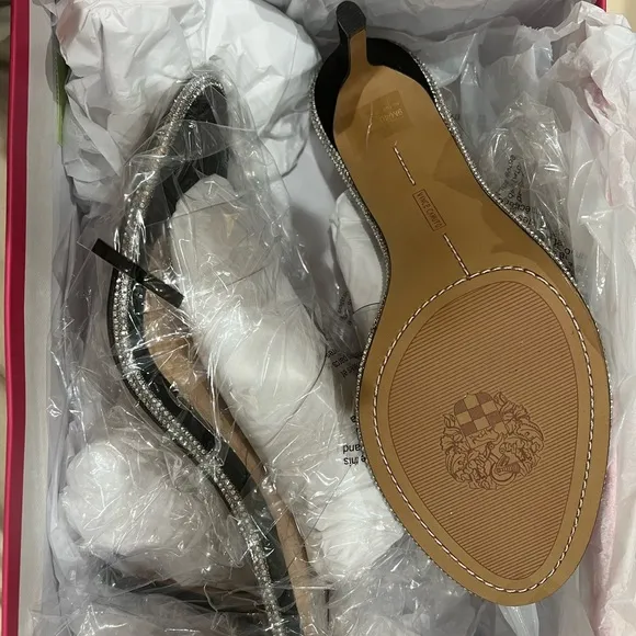 Vince Camuto Arensha clear strap, black suede lining and heel Mules 9 NWB