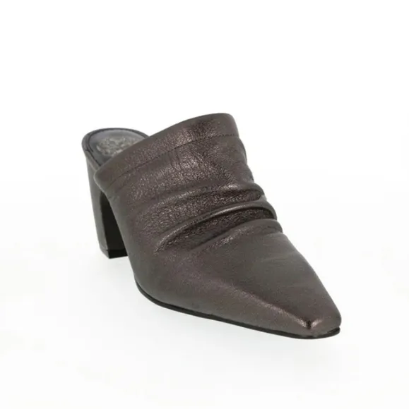 Vince Camuto Silver Mules with Chunky Heel and Ruched Vamp
