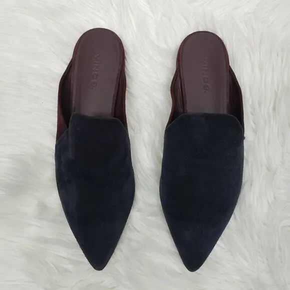 Vince Darby Mules Made in Italy Suede Leather Point Toe Navy Red Color Block 5.5