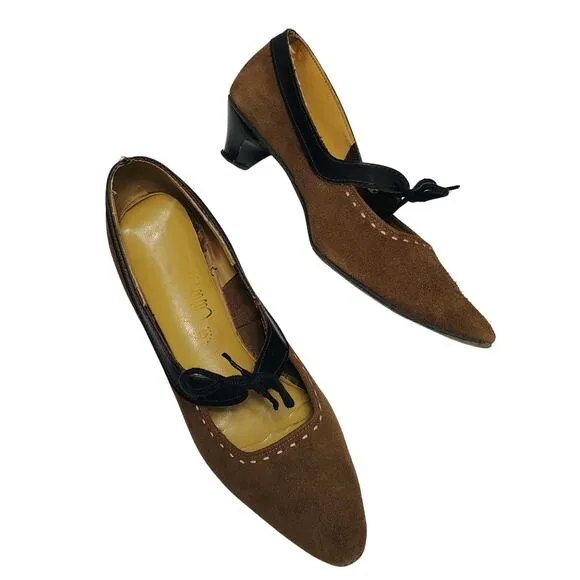 Vintage 1920s Flapper Brown Suede Mary Jane Bow Tie Top Foot Kitten Heels Size 7