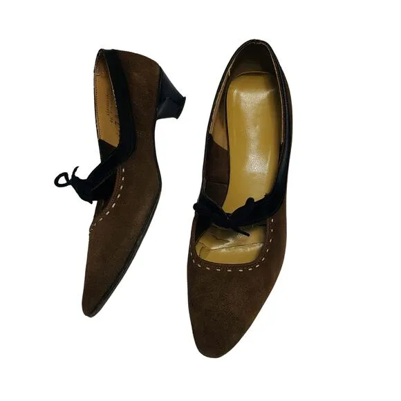 Vintage 1920s Flapper Brown Suede Mary Jane Bow Tie Top Foot Kitten Heels Size 7