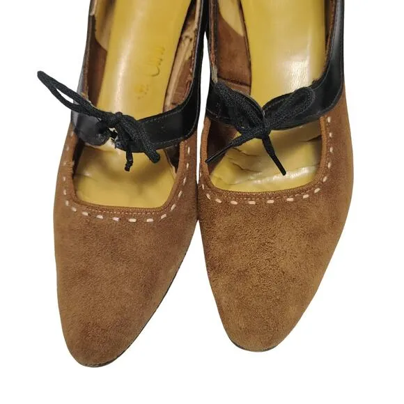Vintage 1920s Flapper Brown Suede Mary Jane Bow Tie Top Foot Kitten Heels Size 7