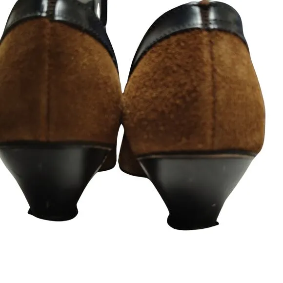 Vintage 1920s Flapper Brown Suede Mary Jane Bow Tie Top Foot Kitten Heels Size 7