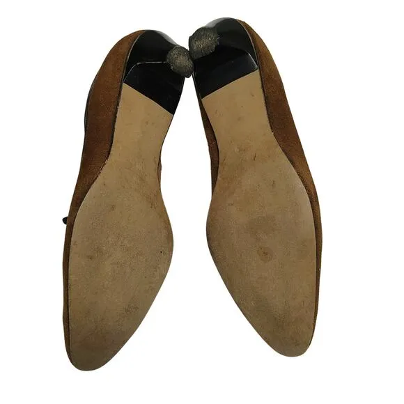 Vintage 1920s Flapper Brown Suede Mary Jane Bow Tie Top Foot Kitten Heels Size 7