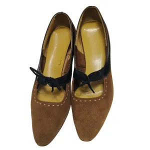 Vintage 1920s Flapper Brown Suede Mary Jane Bow Tie Top Foot Kitten Heels Size 7
