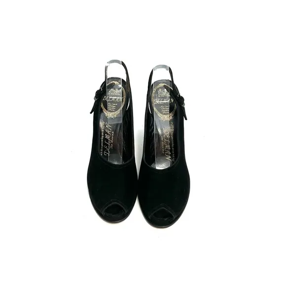 Vintage 1940s black suede peep toe slingback heels