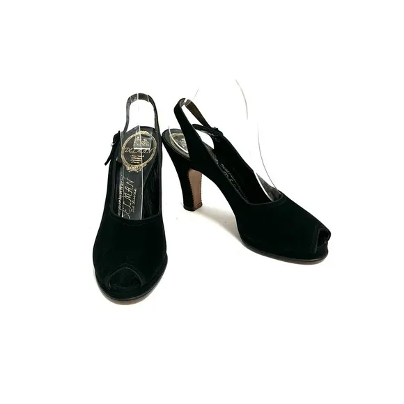 Vintage 1940s black suede peep toe slingback heels