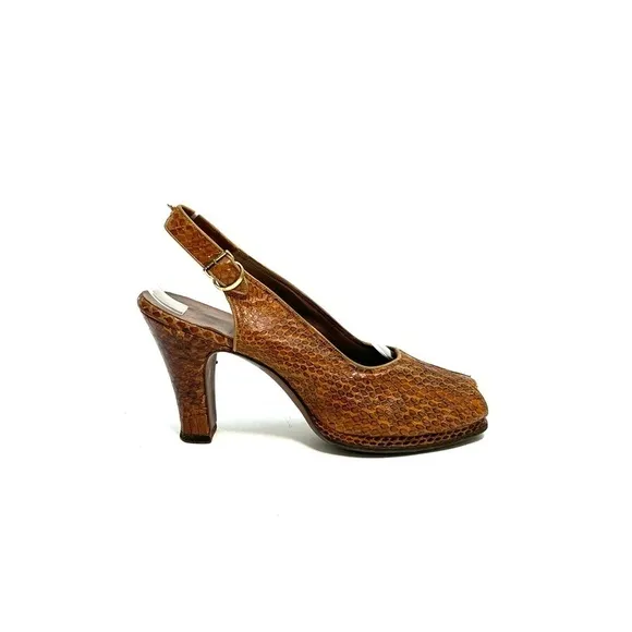 Vintage 1940s brown snakeskin leather peep toe slingback platform heels