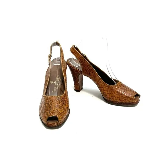 Vintage 1940s brown snakeskin leather peep toe slingback platform heels