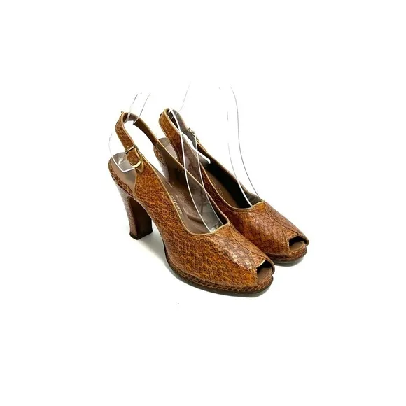 Vintage 1940s brown snakeskin leather peep toe slingback platform heels