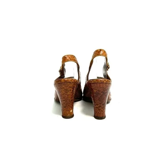 Vintage 1940s brown snakeskin leather peep toe slingback platform heels