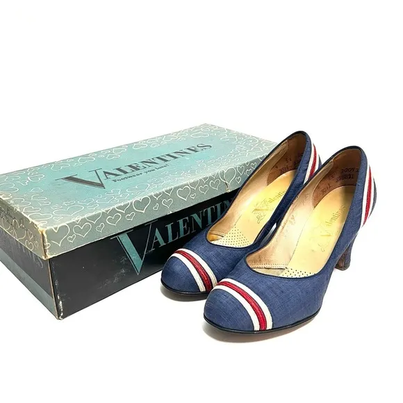 Vintage 1940s royal blue silk red and white stripe slip on pinup heels
