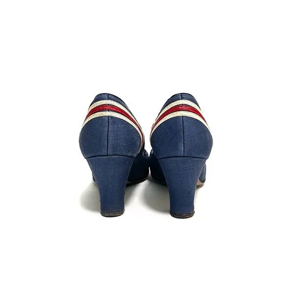 Vintage 1940s royal blue silk red and white stripe slip on pinup heels