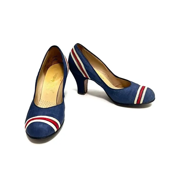 Vintage 1940s royal blue silk red and white stripe slip on pinup heels