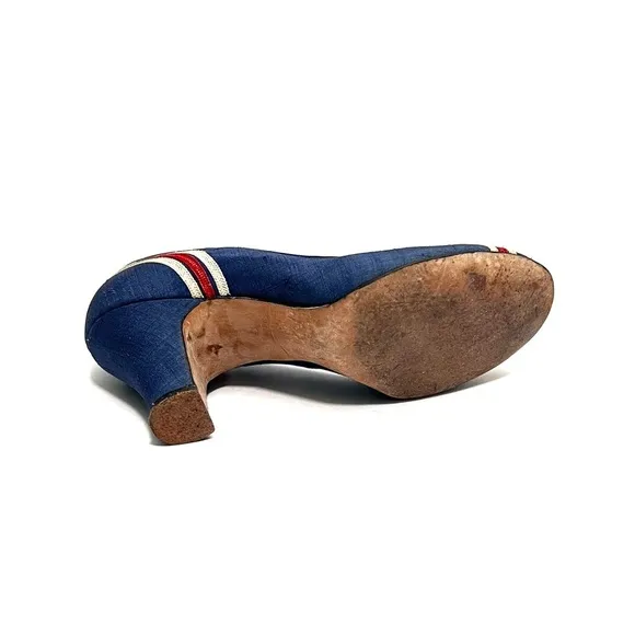Vintage 1940s royal blue silk red and white stripe slip on pinup heels
