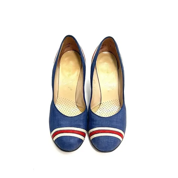 Vintage 1940s royal blue silk red and white stripe slip on pinup heels