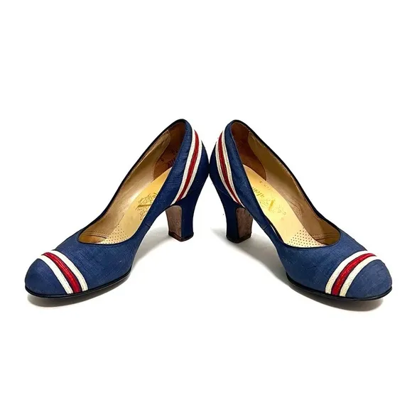 Vintage 1940s royal blue silk red and white stripe slip on pinup heels