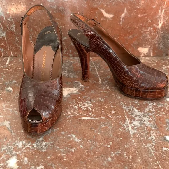 Vintage 1940’s WWII Alligator Peep Toe Slingback Platform Heels sz 6