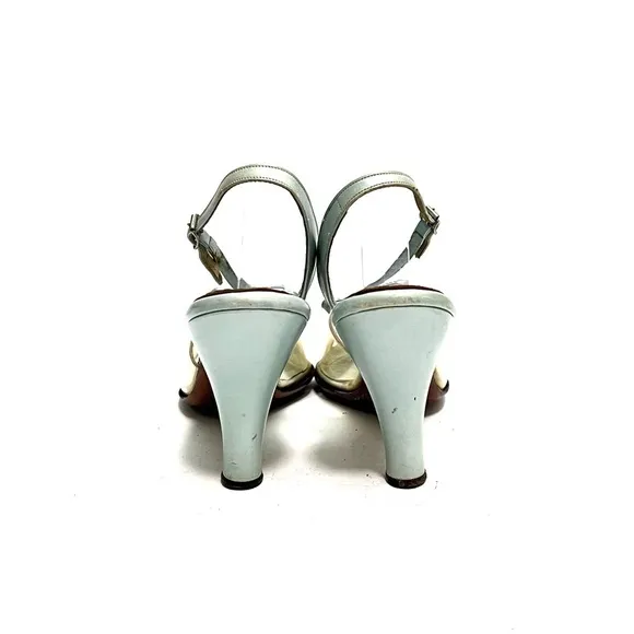 Vintage 1950s pastel blue leather clear vinyl slingback peep toe bow heels