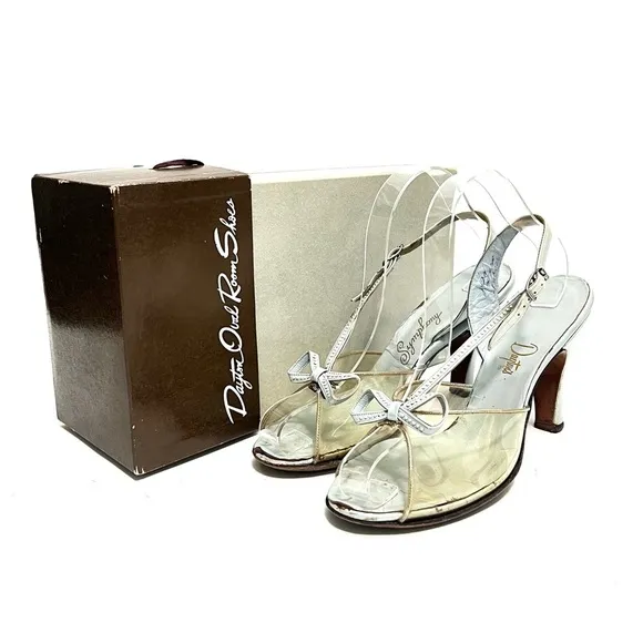 Vintage 1950s pastel blue leather clear vinyl slingback peep toe bow heels