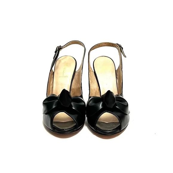 Vintage 1960s deadstock black leather peep toe slingback bow heels