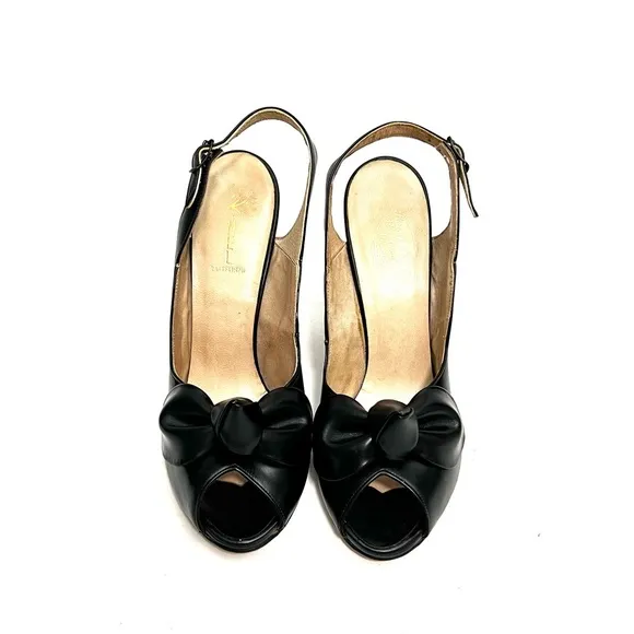 Vintage 1960s deadstock black leather peep toe slingback bow heels