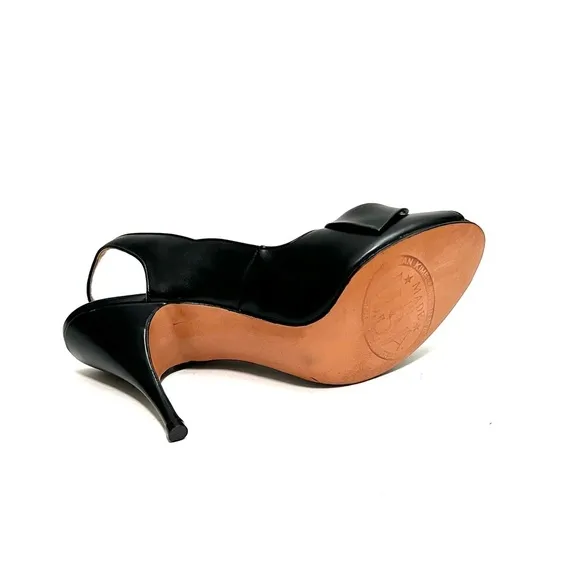Vintage 1960s deadstock black leather peep toe slingback bow heels