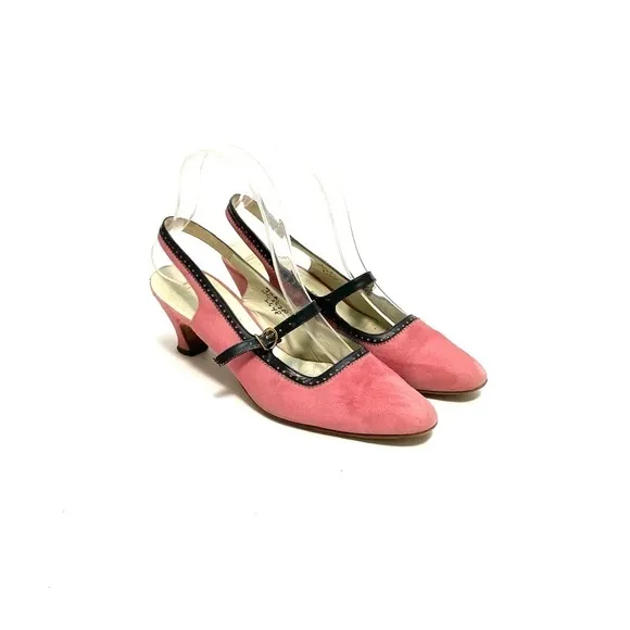 Vintage 1960s pink suede slingback Mary Jane kitten heels